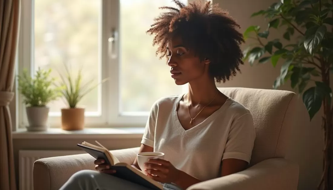 A Black woman resting in a sunlit armchair with a cup of tea and an open book
